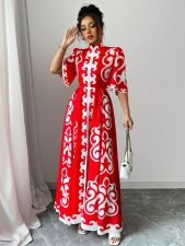 Red Cheongsam Loose Floral Maxi Dress GRNH-28769