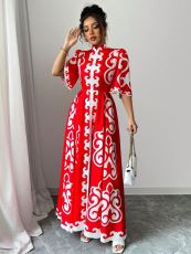 Red Cheongsam Loose Floral Maxi Dress GRNH-28769