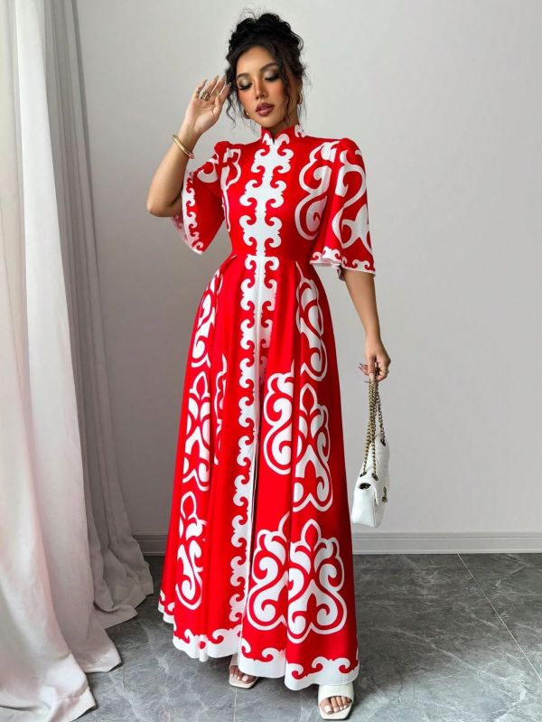 Red Cheongsam Loose Floral Maxi Dress GRNH-28769