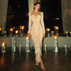 Deep V Neck Pleated Maxi Dress XEF-K25D79813