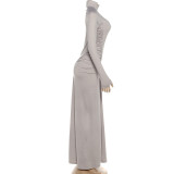 Long Sleeve Pleated Slim Maxi Dress GYME-K25D81046