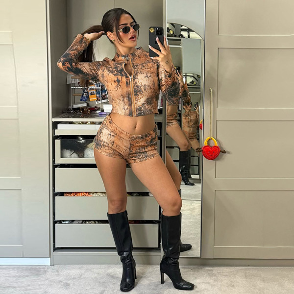 Fashion Print Long Sleeve Two Piece Shorts Set XEF-K25S80887