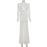 Long Sleeve Pleated Solid Maxi Dress GYME-K25D80023