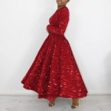 Plus Size Solid Color Sequin Long Sleeve Midi Dress GATE-469