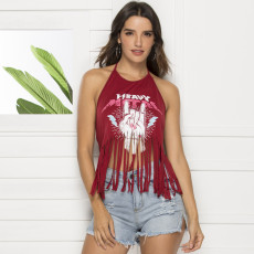 Print Tassel Sleeveless T Shirts OSIF-19188