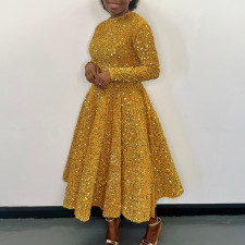 Plus Size Solid Color Sequin Long Sleeve Midi Dress GATE-469