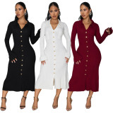 Solid Color V Neck Long Sleeve Long Dress YF-10913