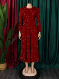 Plus Size Solid Color Sequin Long Sleeve Midi Dress GATE-469