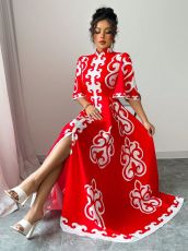 Red Cheongsam Loose Floral Maxi Dress GRNH-28769