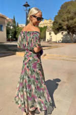 Plus Size Mesh Print V Neck Maxi Dress GRNH-002