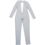 Deep V Neck Long Sleeve Solid Color Jumpsuit XEF-K25Q80024