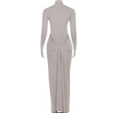 Long Sleeve Pleated Slim Maxi Dress GYME-K25D81046