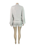 Solid Color Long Sleeve Two Piece Shorts Set CH-25101