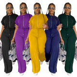 Solid Color Short Sleeve Zipper Two Piece Pant Set GYLY-10163