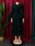 Plus Size Solid Color Sequin Long Sleeve Midi Dress GATE-469