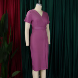 Plus Size V Neck Short Sleeve Pencil Dress GATE-504