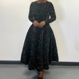 Plus Size Solid Color Sequin Long Sleeve Midi Dress GATE-469