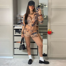 Fashion Print Long Sleeve Two Piece Shorts Set XEF-K25S80887
