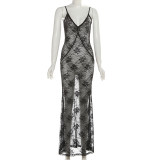 Lace See Through Backless Sling Maxi Dress XEF-K25D80410