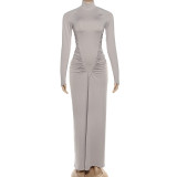 Long Sleeve Pleated Slim Maxi Dress GYME-K25D81046