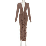 Deep V Neck Pleated Maxi Dress XEF-K25D79813