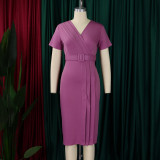 Plus Size V Neck Short Sleeve Pencil Dress GATE-504