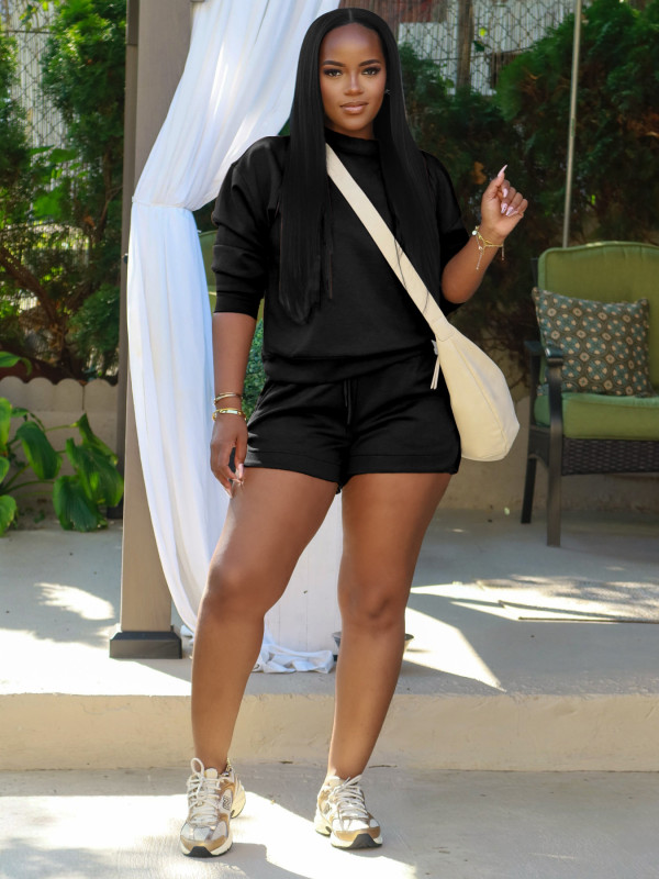 Solid Color Long Sleeve Two Piece Shorts Set CH-25101