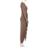 Deep V Neck Pleated Maxi Dress XEF-K25D79813