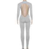 Deep V Neck Long Sleeve Solid Color Jumpsuit XEF-K25Q80024