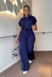Solid Color Short Sleeve Zipper Two Piece Pant Set GYLY-10163