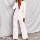 Plus Size Solid Color Blazer Two Piece Pants Set YZCF-ZL1396