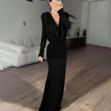 Long Sleeve Pleated Solid Maxi Dress GYME-K25D80023