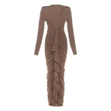Deep V Neck Pleated Maxi Dress XEF-K25D79813