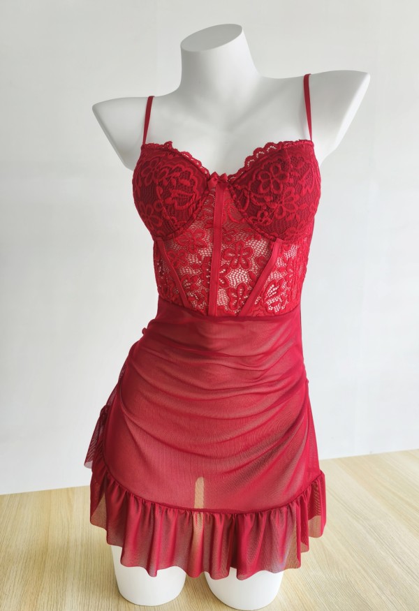 Lace-trimmed Lingerie Mesh Nightgown Set GJZY-3475