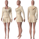 Solid Color Long Sleeve Hooded Pleated Skirt 3 Piece Set HMS-6555