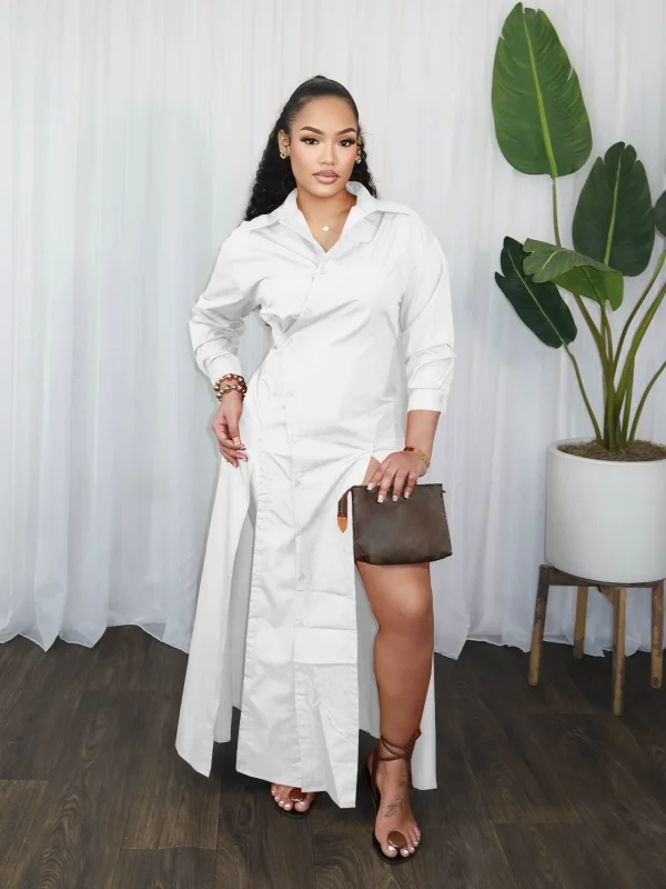 Solid Color Long Sleeve Split Shirt Dress  SFY-782
