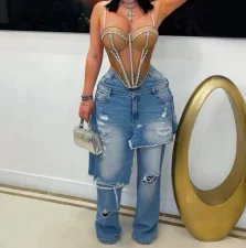 Denim Patchwork Holes Straight Jeans LSD-2525