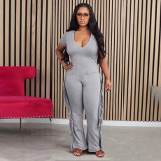 Solid Color Short Sleeve Tassel Jumpsuit GTYZ-7339
