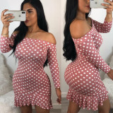 One Shoulder Polka Dot Print Ruffles Mini Dress BN-9118