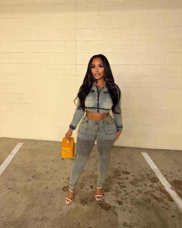 Long Sleeve Zipper Denim Two Piece Pants Set TR-1343