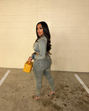 Long Sleeve Zipper Denim Two Piece Pants Set TR-1343