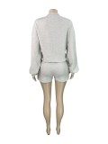 Solid Color Long Sleeve Shorts 2 Piece Set OY-6531