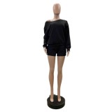 Casual Long Sleeve Sweatshirt Two Piece Shorts Set QOUY-6065