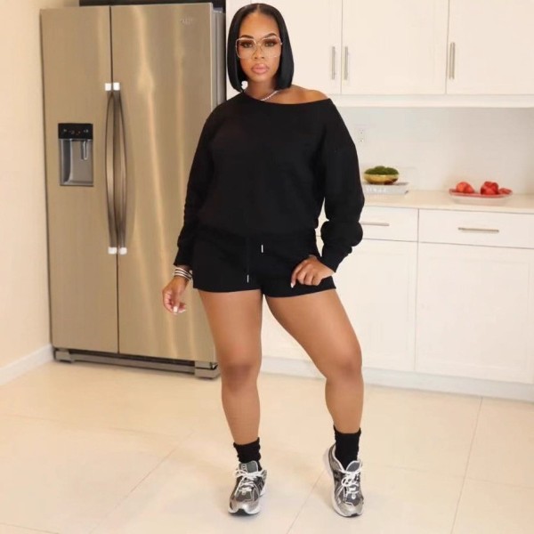 Casual Long Sleeve Sweatshirt Two Piece Shorts Set QOUY-6065