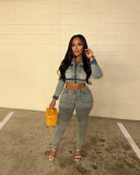 Long Sleeve Zipper Denim Two Piece Pants Set TR-1343