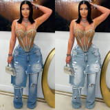 Denim Patchwork Holes Straight Jeans LSD-2525