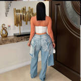 Denim Patchwork Holes Straight Jeans LSD-2525