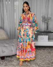 Colorful Printed Casual Belt Long Dress XHXF-974