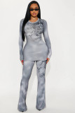 Print Long Sleeve Slim Micro Flare Pants Suit GBGF-258301