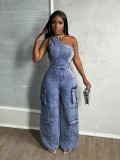 Single Shoulder Washed Loose Denim Jumpsuit LX-3583